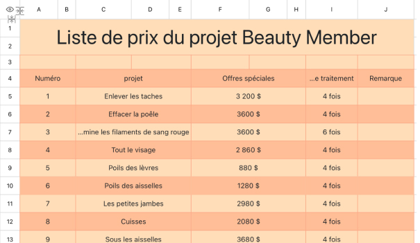 Liste de prix du projet Beauty Member